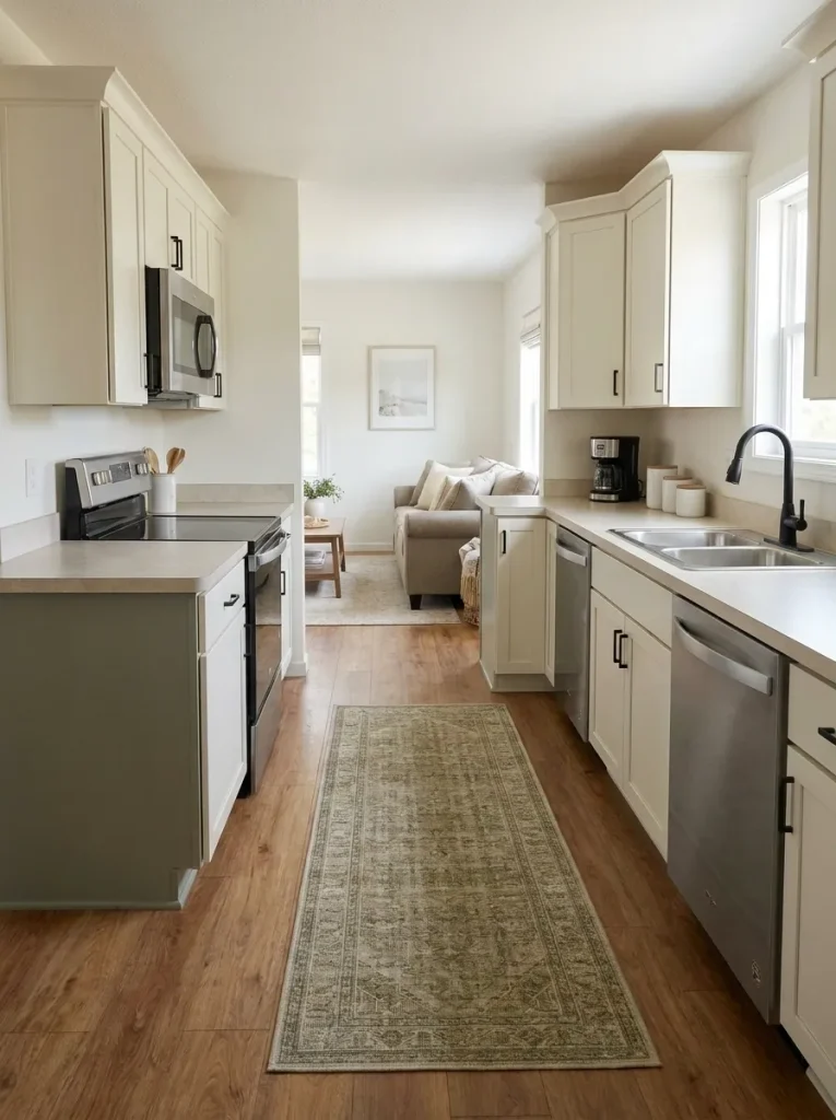 Long mobile home galley kitchen with one washable runner aligned along the main working and circulation axis.