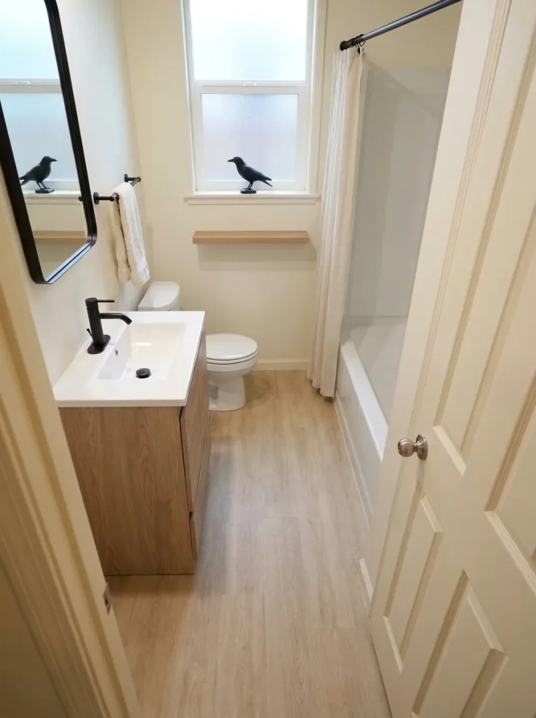 Small black raven on a pale-backed bathroom shelf, viewed through the doorway beside the vanity mirror.