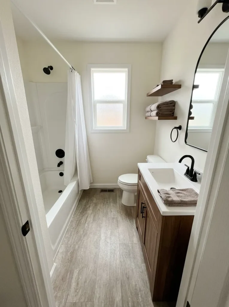 Mobile home bathroom showing white fixtures, walnut vanity, gray-beige floor, and a mushroom towel used to compare existing undertones.