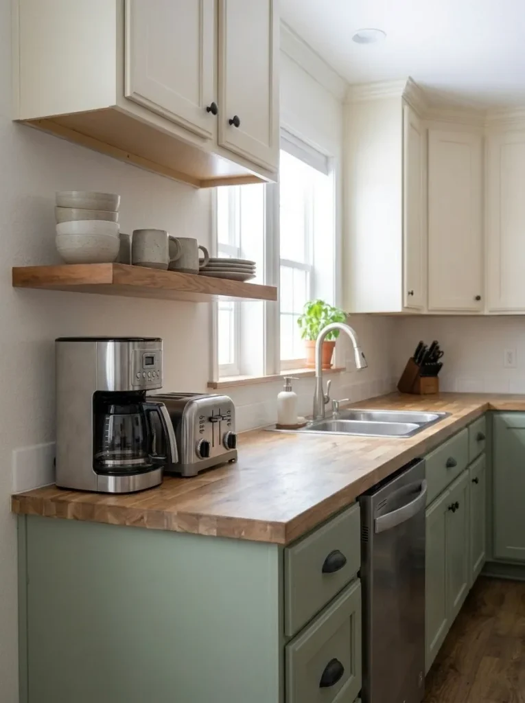 Coffee maker and toaster grouped at one end of a small kitchen counter while the main prep area remains open.