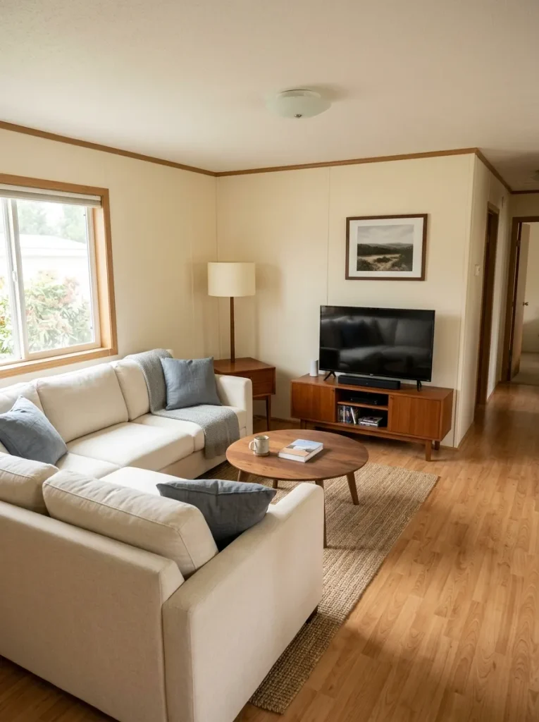 Compact mobile home living room with fewer separate furniture silhouettes and consolidated functional pieces.