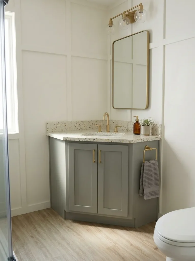 Refreshed existing mobile home bathroom vanity preserved because its original footprint fits the small layout well.