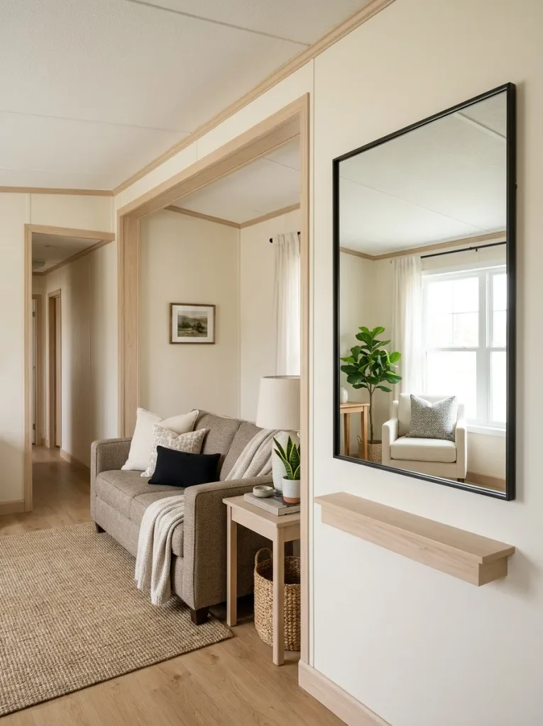 Mobile home living room mirror positioned to reflect a bright window and calm seating area instead of clutter.
