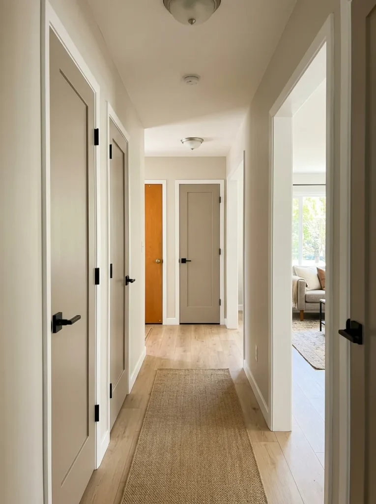 Double wide hallway with refinished neutral slab doors and simple dark hardware.