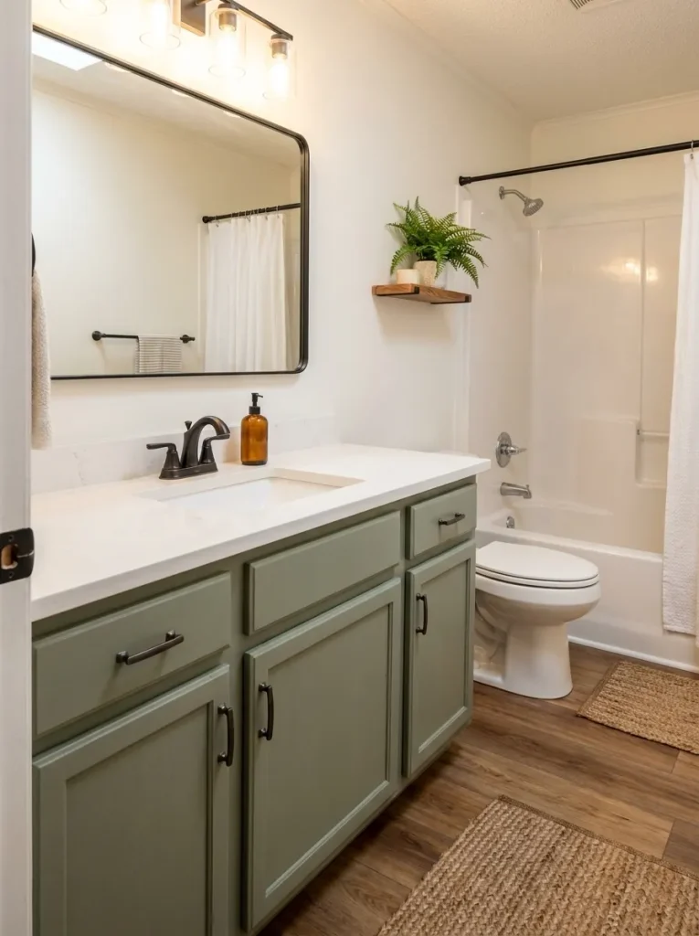 Existing mobile home bathroom vanity refreshed with paint, hardware and a cleaner mirror composition.