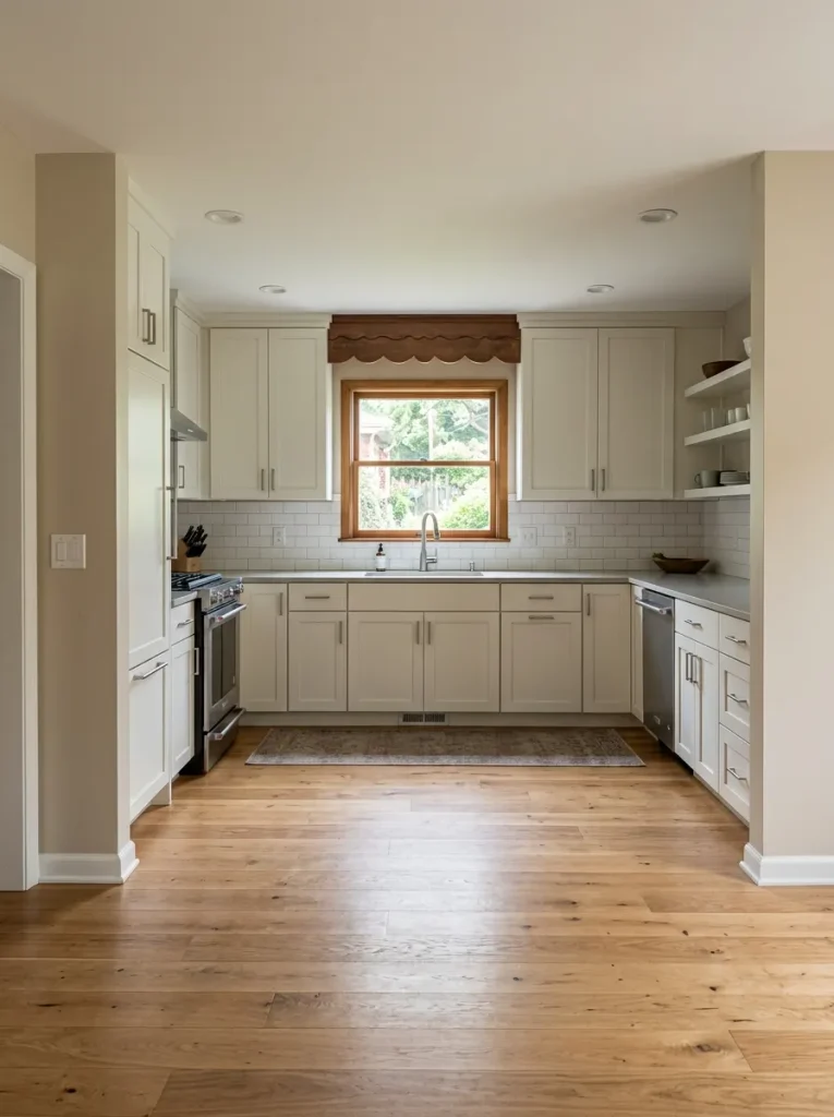 Double wide kitchen with a dated scalloped cabinet valance highlighted by an otherwise updated design.