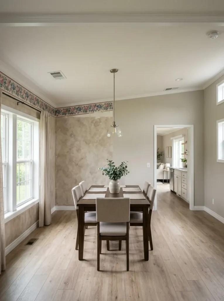 Double wide dining room with dated wallpaper border beside a clean updated wall.