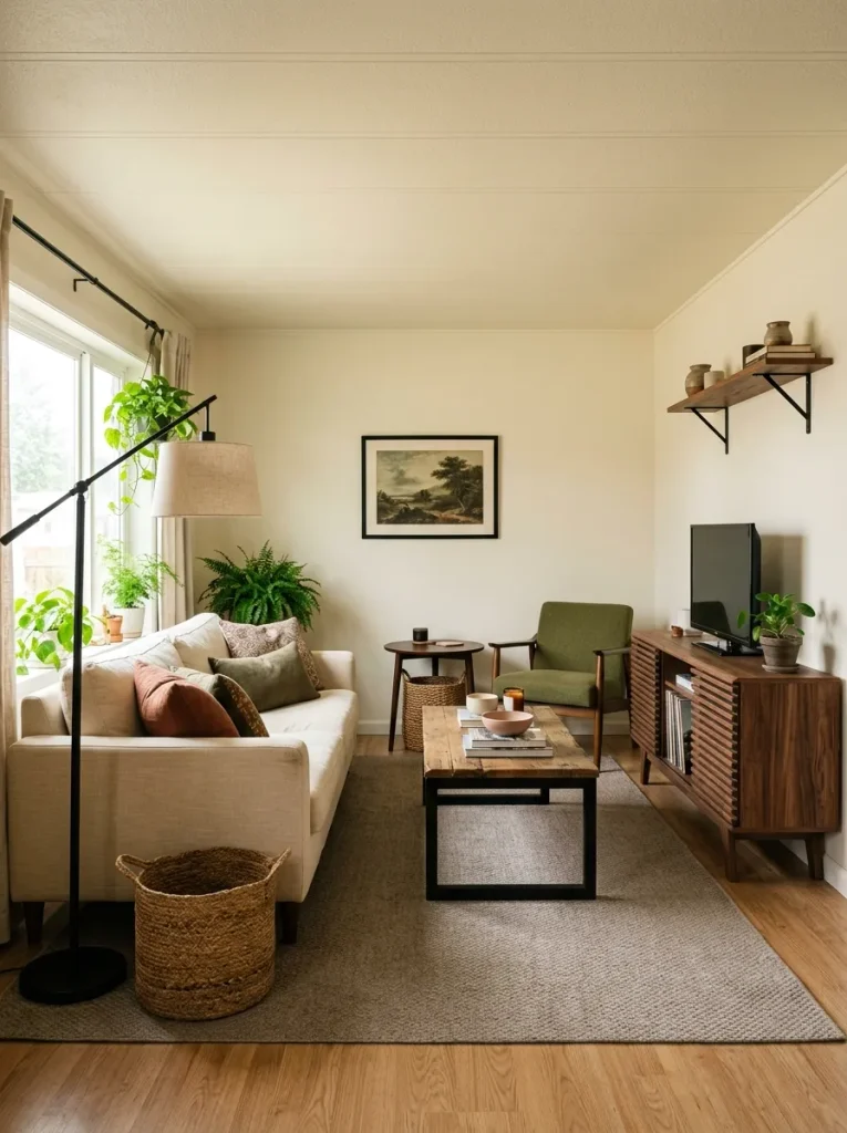 Small mobile home living room repeating matte black on the floor lamp, table base, and shelf brackets.