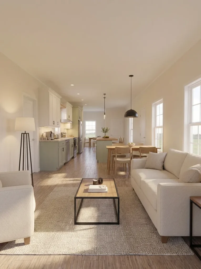Kitchen, dining and living areas connected by repeated black and warm wood finishes in a single-wide home.