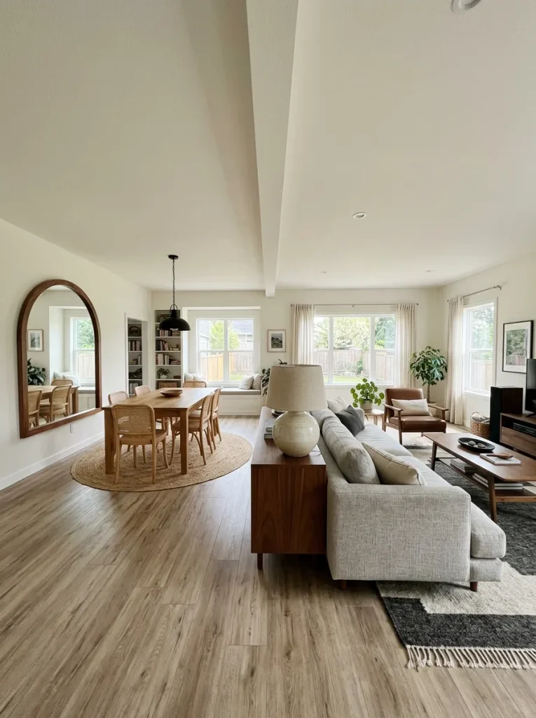 Double-wide interior repeating curved shapes through an arched mirror, rounded lamp and oval bowl across different zones.