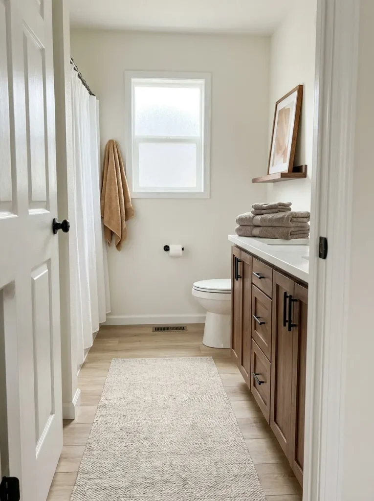 Neutral bathroom repeating fall warmth through an oatmeal runner, mushroom towels, and a restrained eye-level botanical accent.