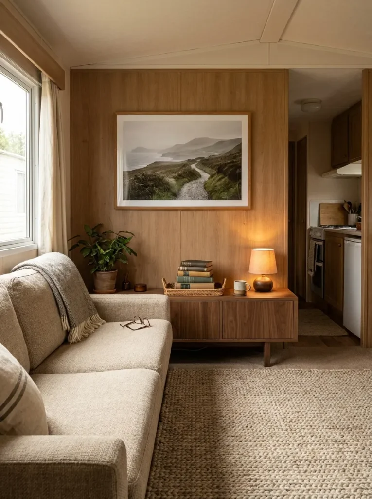 Cozy mobile home living room using meaningful personal artwork above the console instead of a generic decorative sign.