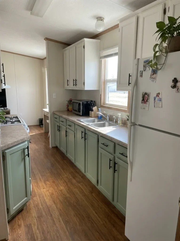 Sage and warm-white mobile-home cabinets with selective black pulls replacing only the most visible hardware