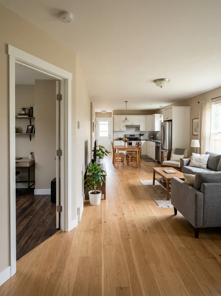 Double wide open interior with continuous updated flooring through the main living and dining areas.