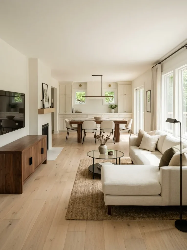 Light double wide interior balanced by a dark natural wood dining table.