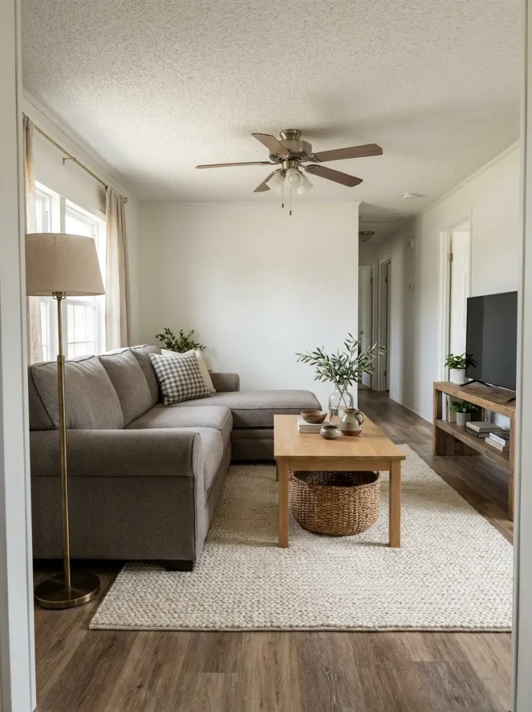 Restrained farmhouse mobile home living room with warm wood, woven texture and one subtle check but no theme clutter.