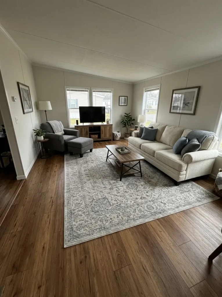 Broad area rug linking a sofa and side chair across a narrow single-wide living room while circulation remains open beside the group.