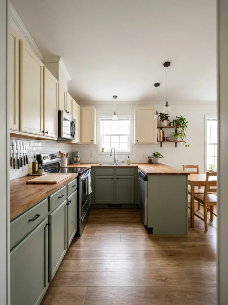 Small manufactured-home kitchen viewed from the doorway showing clear counter space, cabinet storage, wall area, circulation path, and dining transition.
