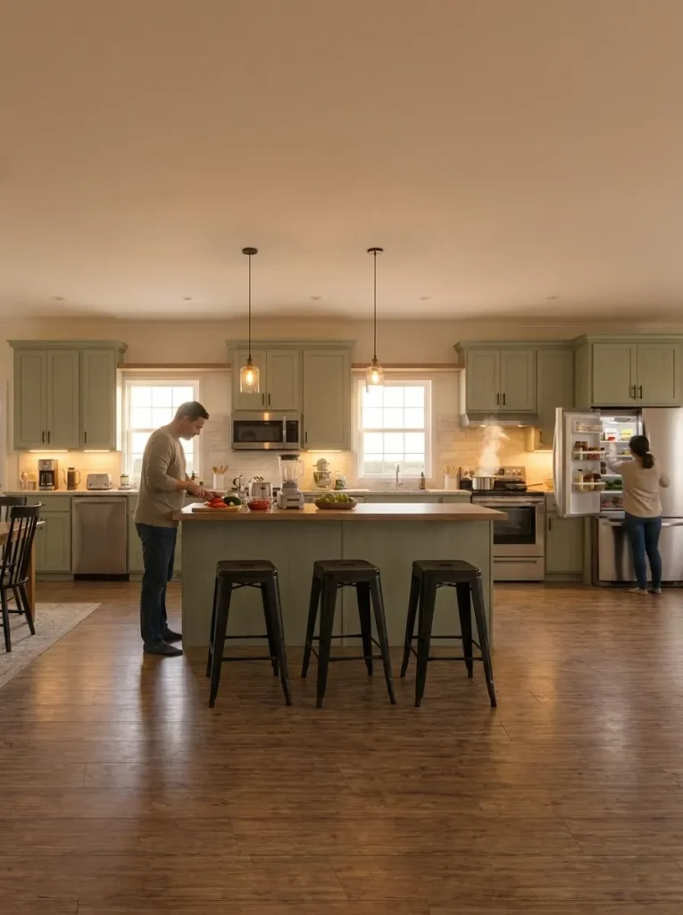 Two people comfortably preparing dinner and moving through a finished narrow single-wide kitchen.