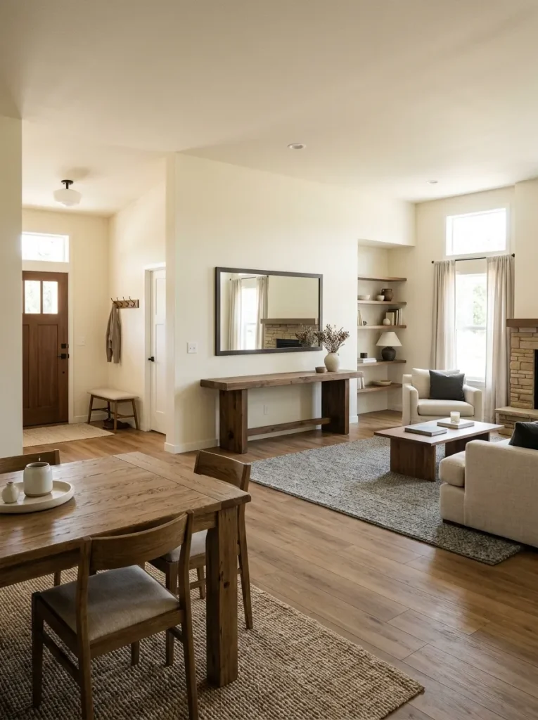 Double-wide living area with one substantial console and mirror positioned to improve views from the dining area, living room and entry.
