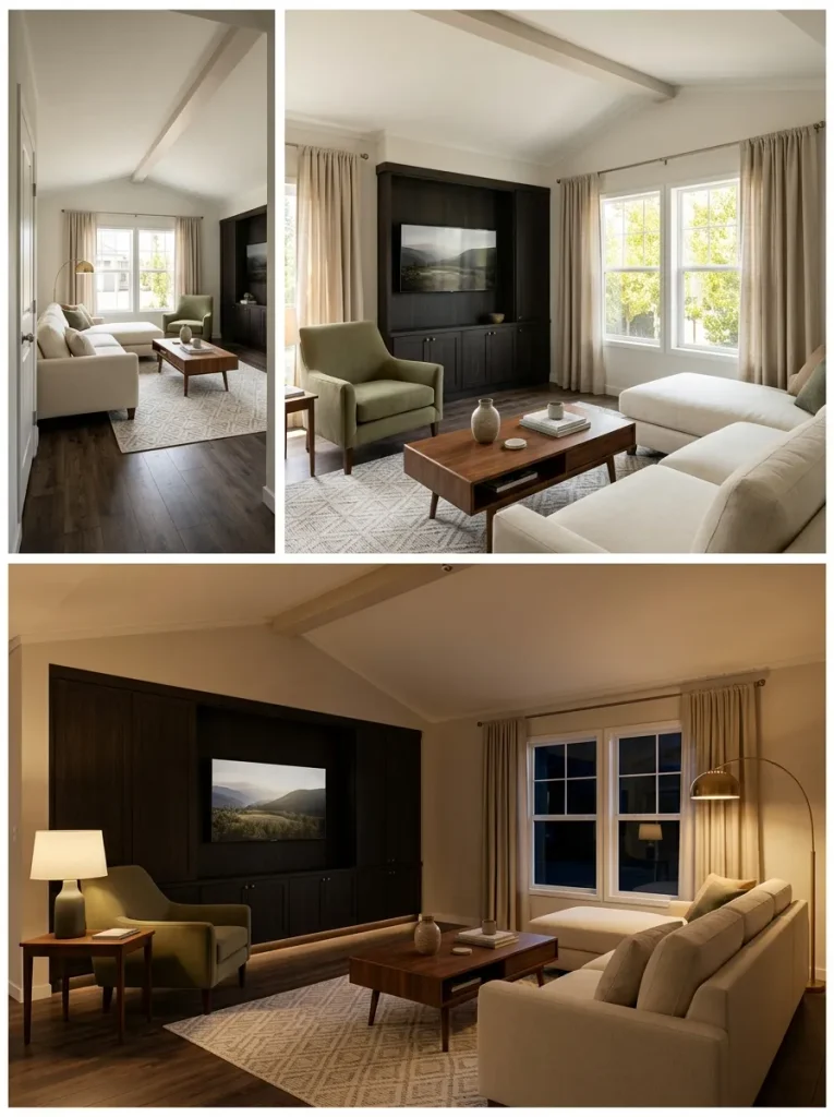 Three views of the same mobile home living room from the doorway, seated position and evening lighting condition.