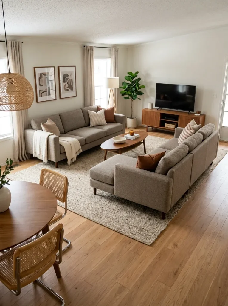 L-shaped sectional fully contained within a double-wide living-room rug with clear open space toward the dining area.