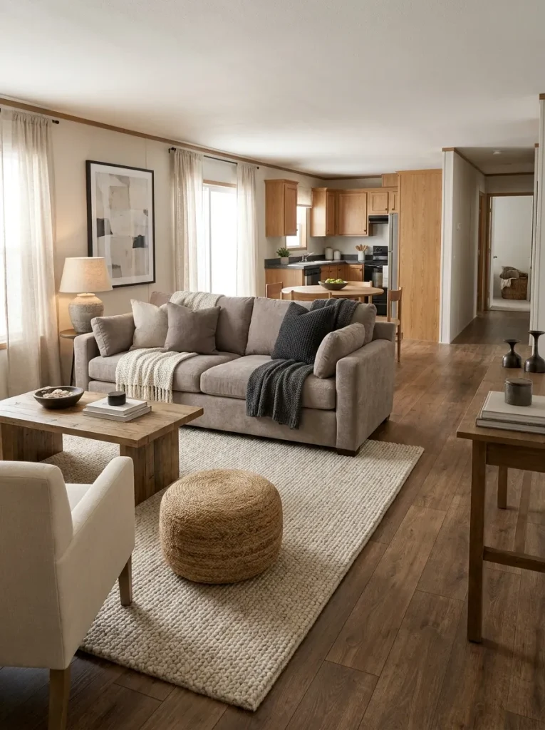 Taupe sofa separated from warm wood flooring by a lighter area rug in an open mobile home living room.