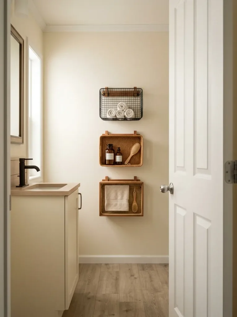 Shallow wall baskets adding storage without projecting into the vanity area of a small mobile home bathroom.