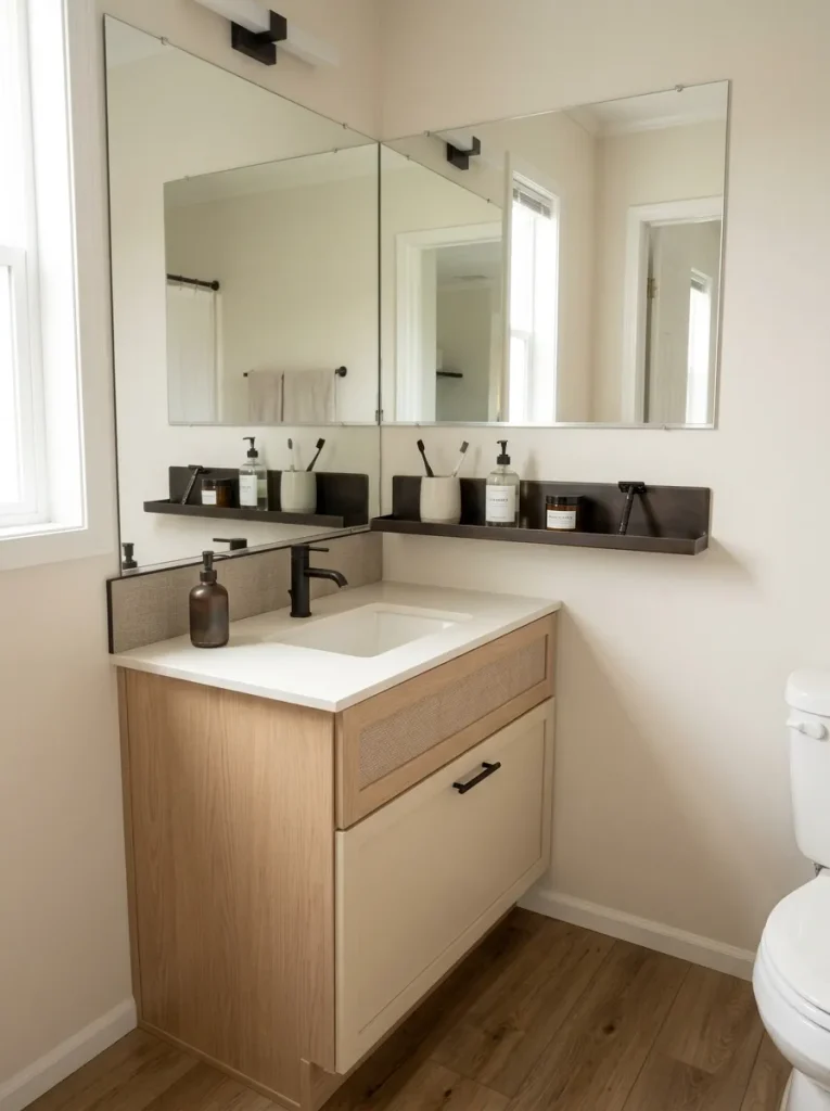 Shallow mirror-side bathroom storage trough keeping daily toiletries off a small vanity counter.