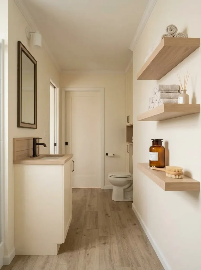 Floating bathroom shelves aligned with the mirror and vanity lines in a compact mobile home bathroom.