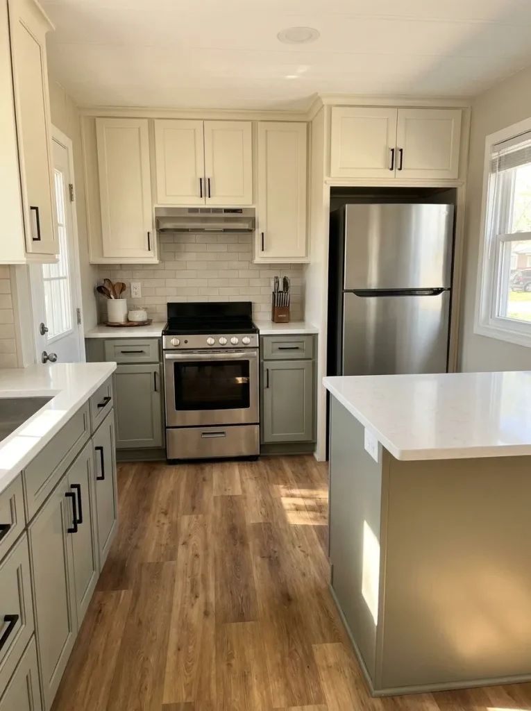 Compact mobile home kitchen with updated stainless appliances retained in practical existing locations within the cabinet layout.