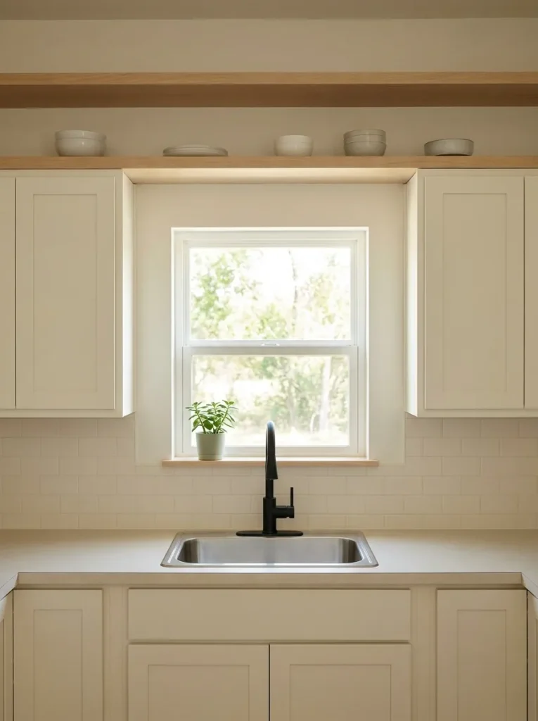 Mobile home kitchen sink centered beneath a clear window with a simple black faucet, light cabinets, and restrained shelving.