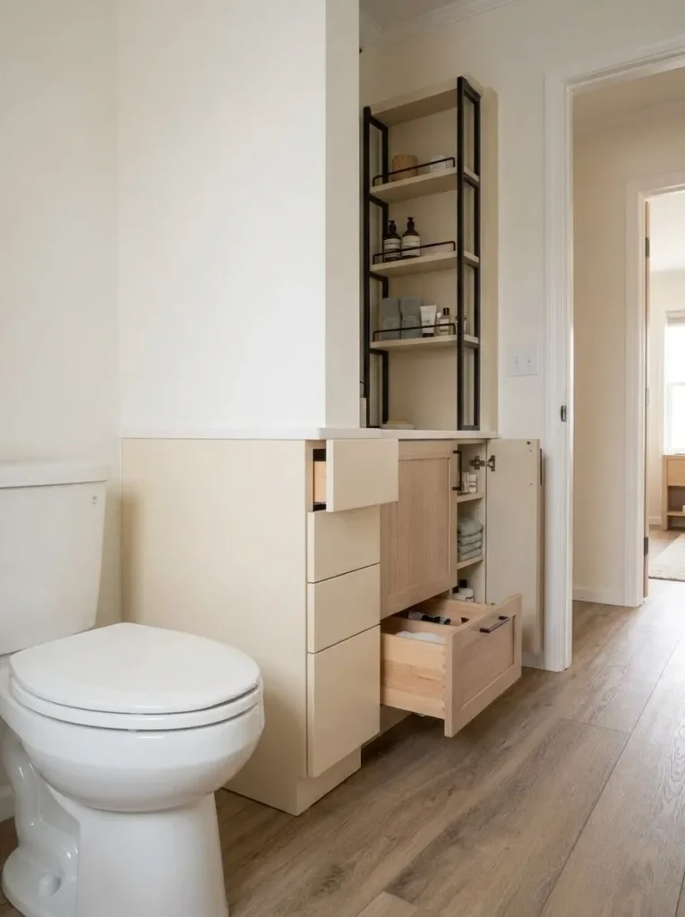 Slim bathroom storage tower fitted beside a vanity while drawers and the walking route remain usable.