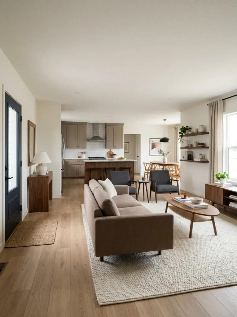 The strongest sofa direction can prioritize the shared view and arrival experience even when that means leaving the longest wall partially unused.