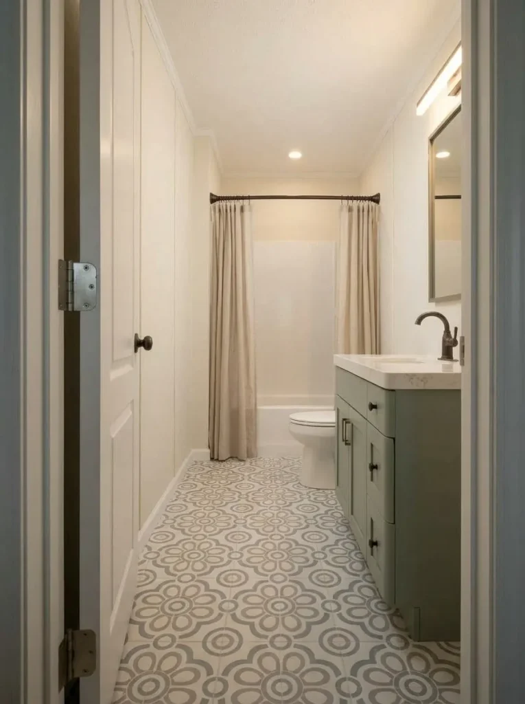 Compact vanity with a softened outer corner positioned beside the bathroom’s main walking path.