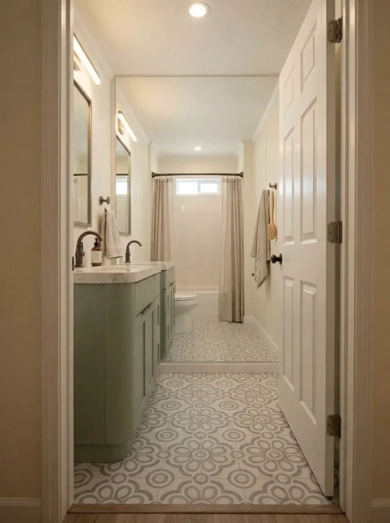 Small single-wide bathroom after a selective vanity improvement while the existing tub, toilet and architecture remain.