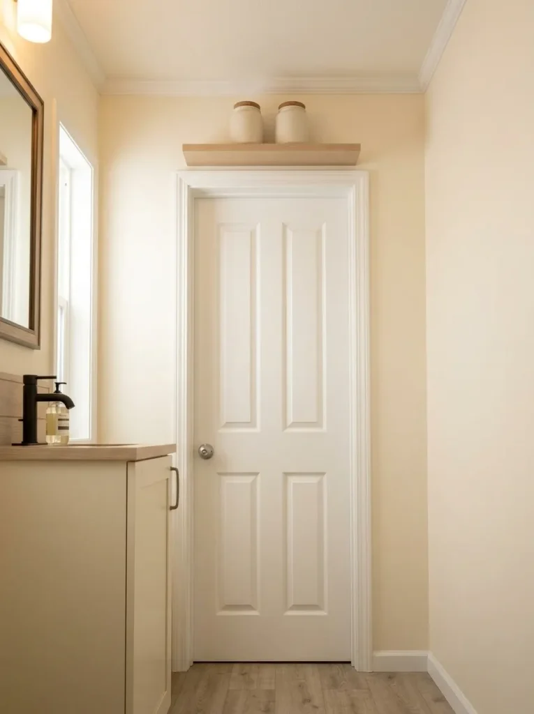 High shelf above a mobile home bathroom door holding contained backup toiletries away from daily-use storage.