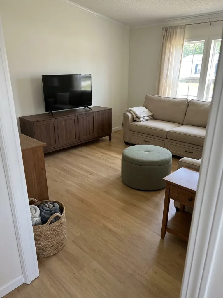 Mobile home living room with everyday storage concealed inside the media console, ottoman, and existing furniture instead of separate floor bins.