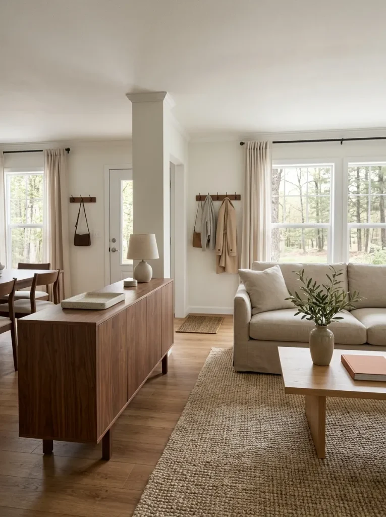Closed wood cabinet placed near the entry and dining edge of a double-wide living room while the opposite open view stays uncluttered.