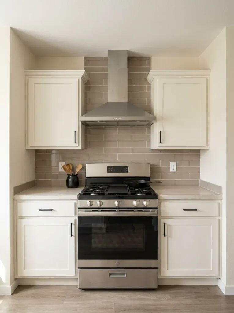 Compact mobile home kitchen with a centered stainless range, simple hood, balanced cabinets, and a restrained focal backsplash.