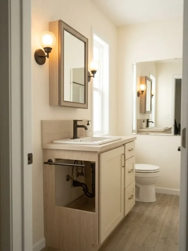 Slim surface-mounted medicine cabinet above a vanity in a compact manufactured-home bathroom.