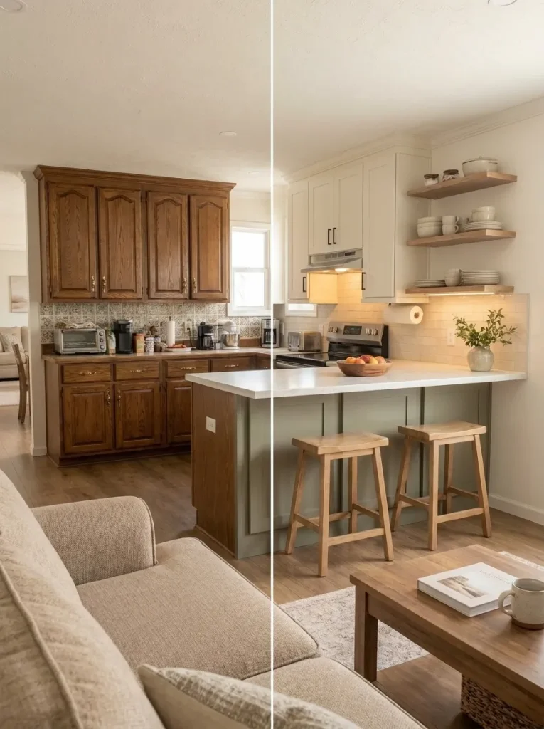 Matched before-and-after mobile home kitchen showing the same functional layout refreshed with calmer cabinets, surfaces, and lighting.