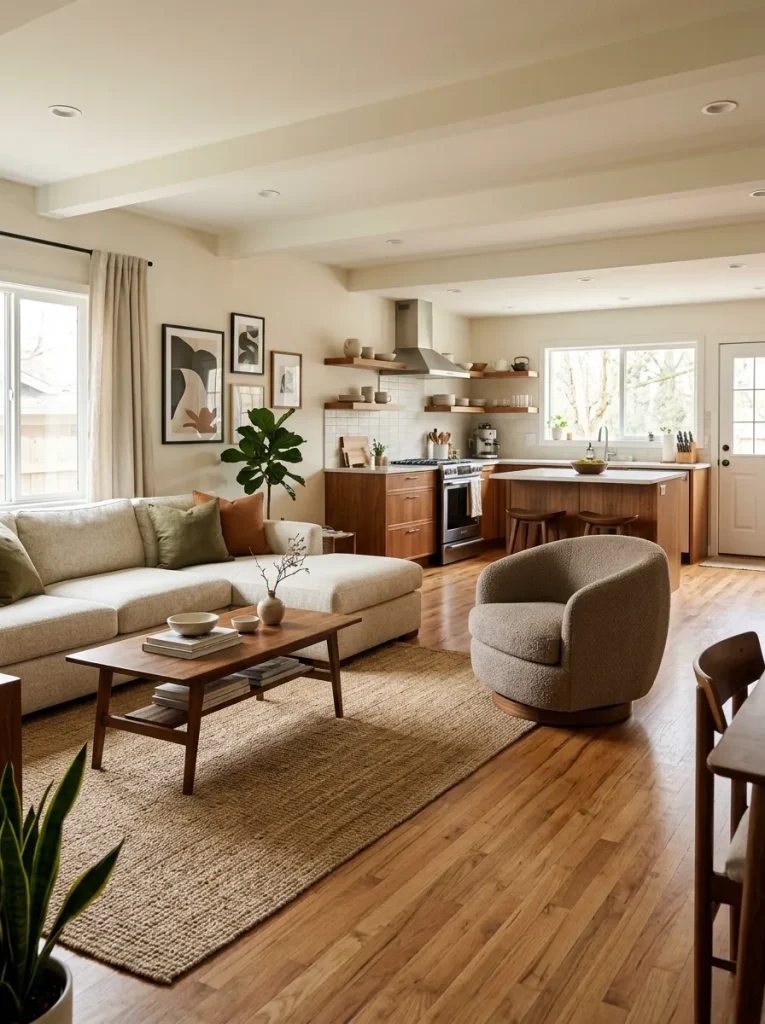 Swivel chair positioned between an open double-wide living room and kitchen so it can face either conversation area.