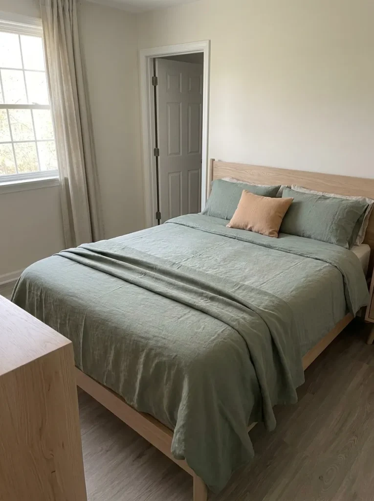 Sage bedding with an apricot cushion and ecru curtains, viewed from the window side toward the bedroom doorway.
