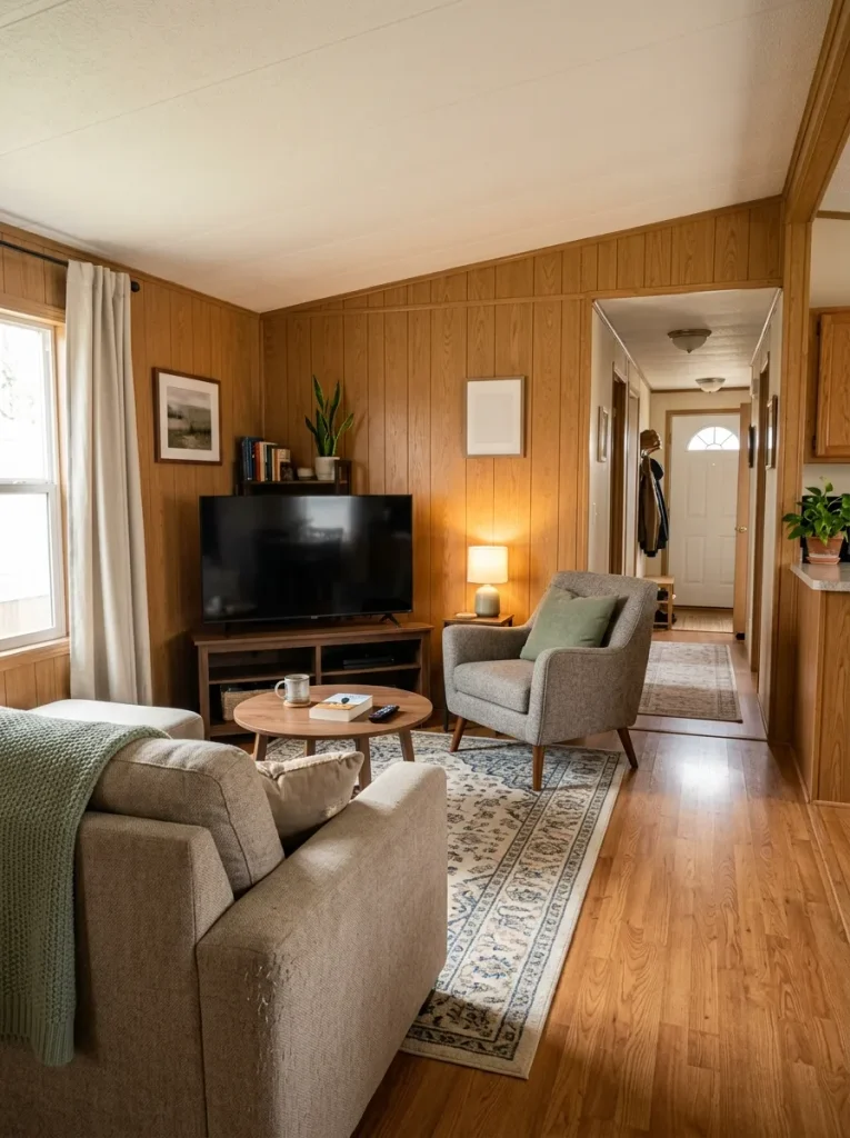 Seated view of a narrow single-wide living room balancing the TV, an angled conversation chair, and an open route out of the seating area.