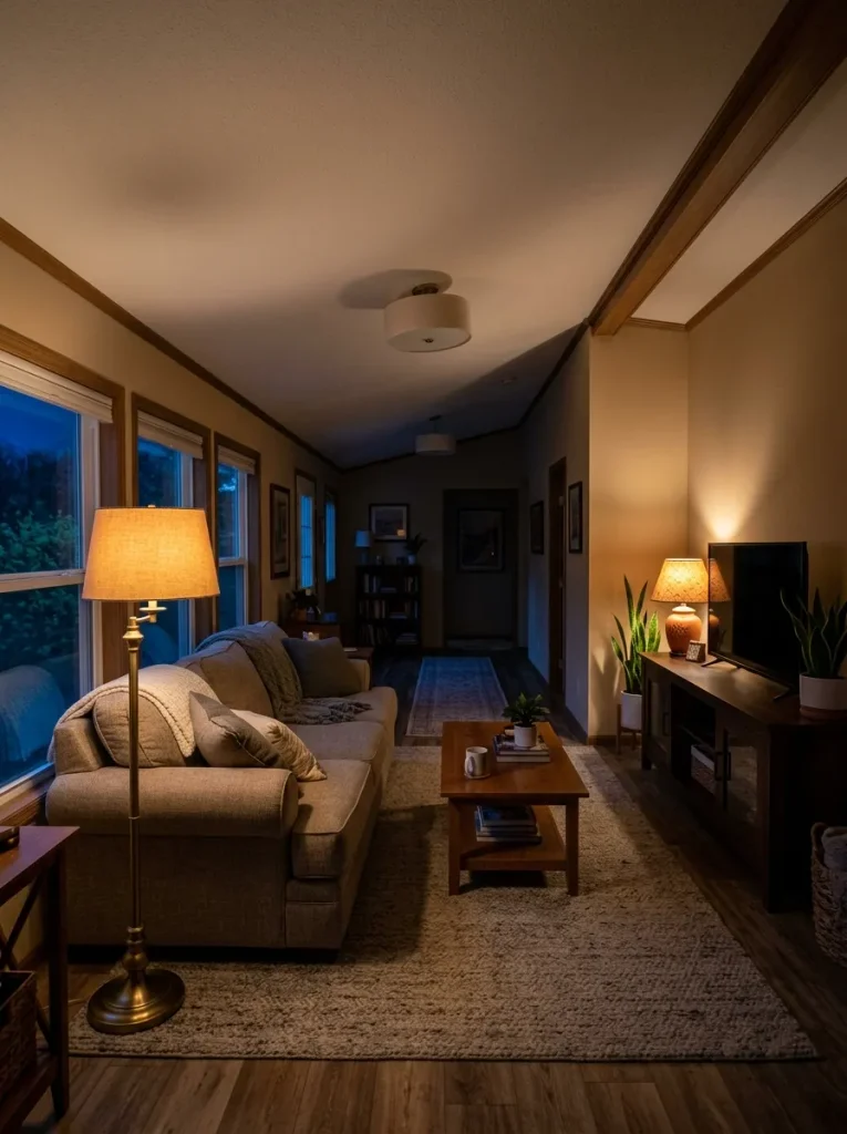 Long single-wide living room at night with separate warm light pools at the seating end and far media end.