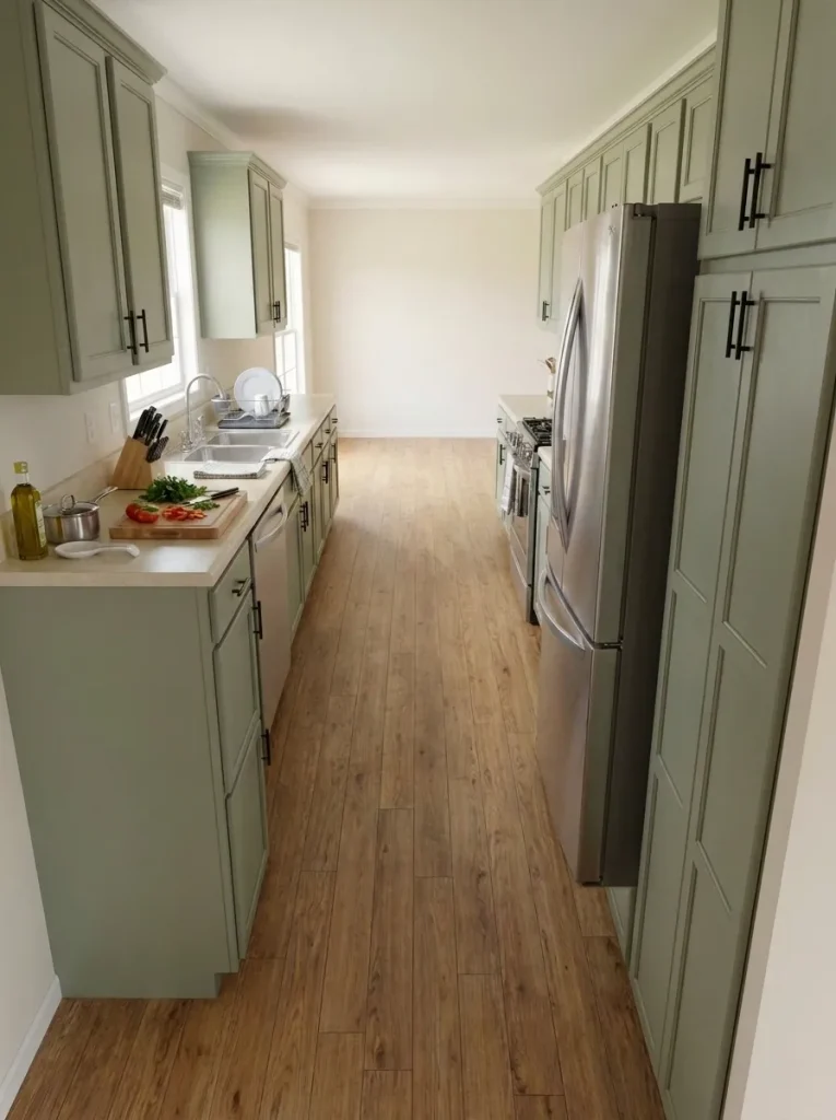 Single-wide kitchen counter divided naturally into refrigerator landing, open prep area, sink zone and cooking area.