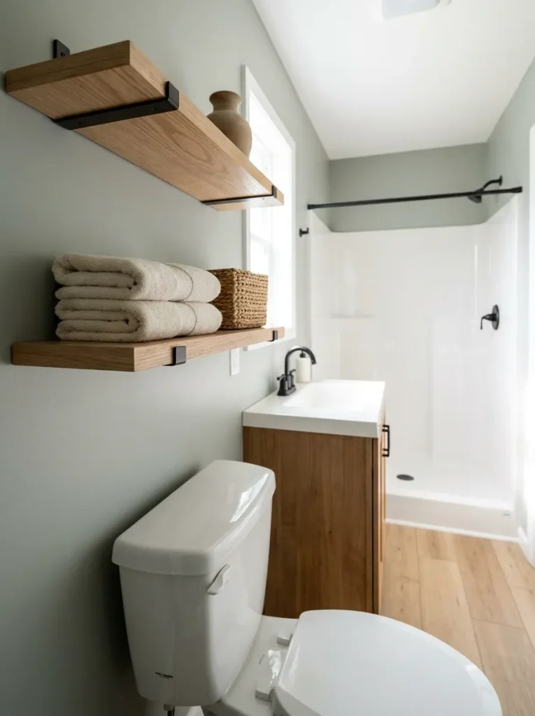 Shallow shelves staying inside the fixture depth above a toilet in a small mobile home bathroom.
