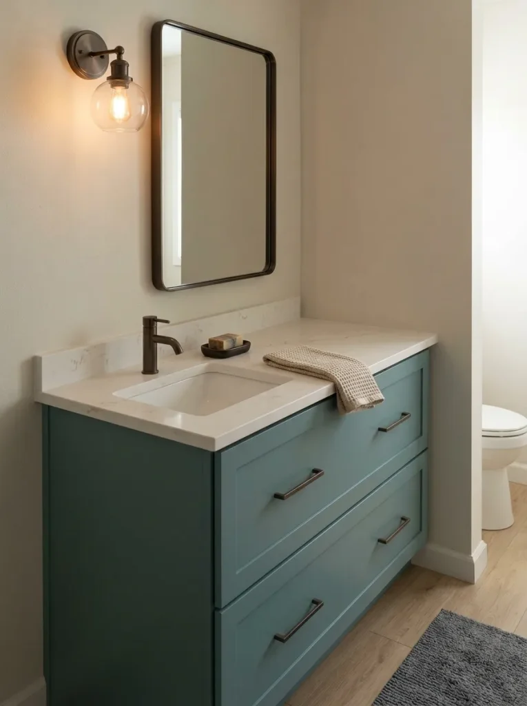 Offset sink vanity in a small mobile home bathroom with a full drawer stack and useful side counter space.