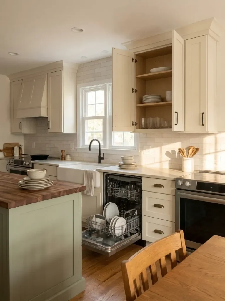 Sink, open dishwasher and nearby dish cabinet arranged in a short cleanup route from the dining table.